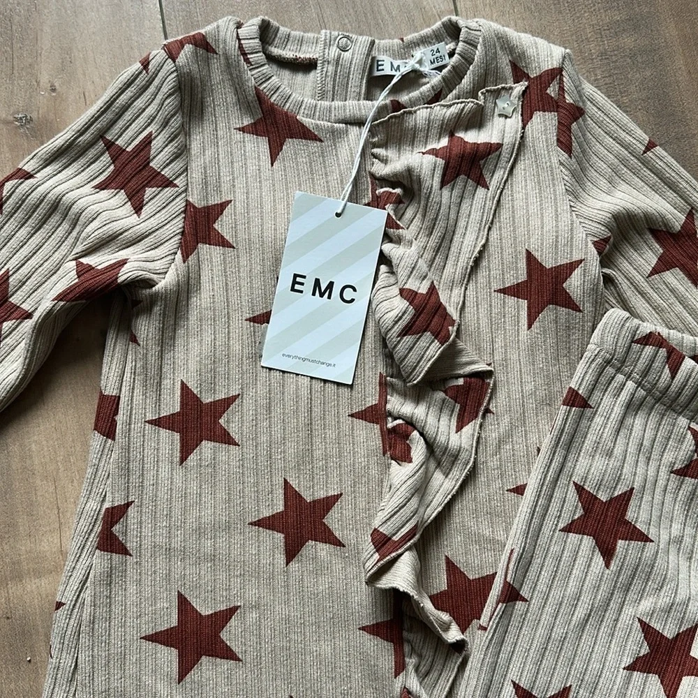 NWT EMC Italian Brand 2 Piece Dress/Pants Matching Baby Girl Star Set 24 Months